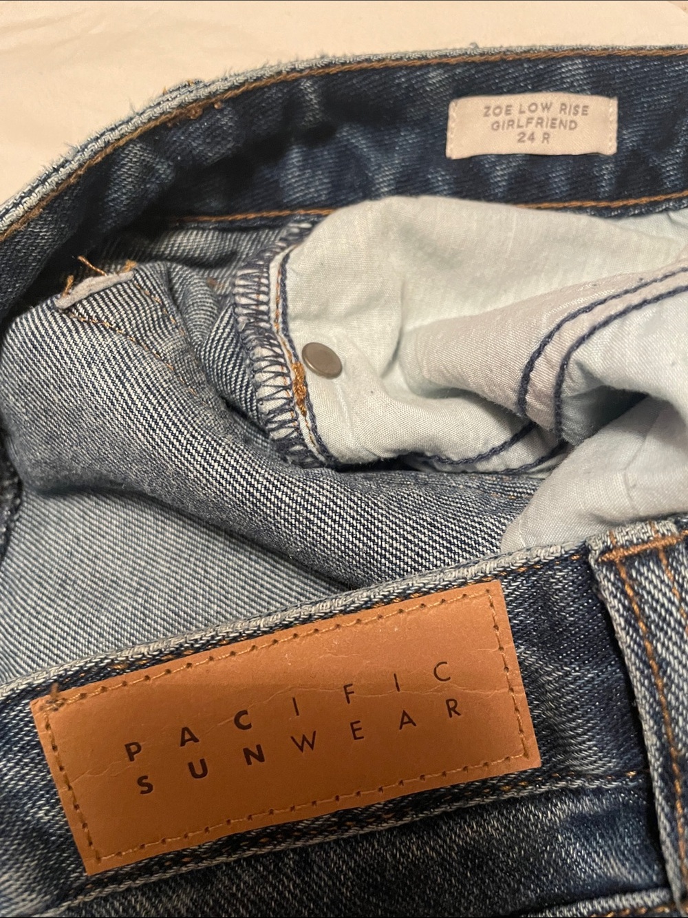 PacSun Zoe Low Rise Girlfriend Jeans - Light Blue with Tan Patch